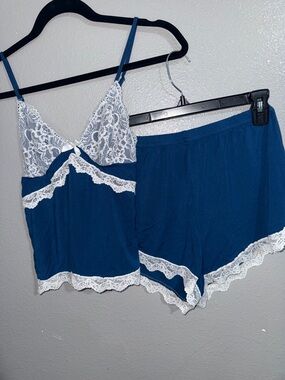 Cupshe Blue Cami & Short Lace-Trim Sleep Set